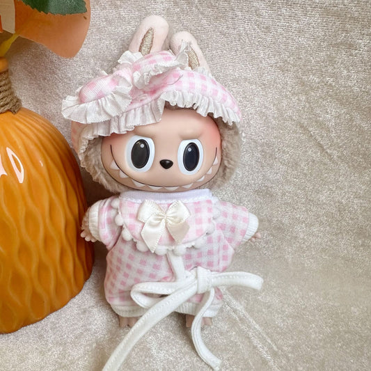 Clothes only] 15cm blind box pull cloth clothes Blue pink plaid pajamas three-piece Labubu dress-up new women's