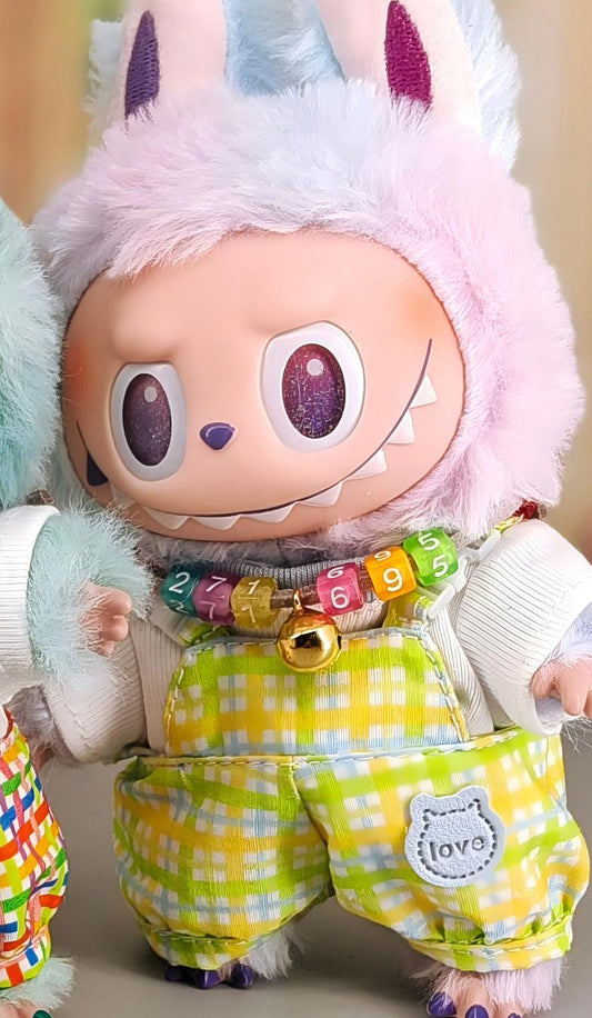 Labubu Doll Clothes - Plaid Overalls & Hat Set for 1st-3rd Gen Pendants