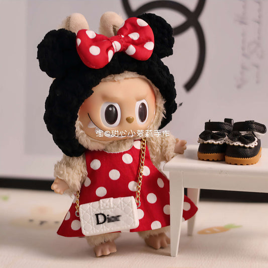 17cm Labubu Doll Overalls Baby Clothes - Spot Red & Black Dotted