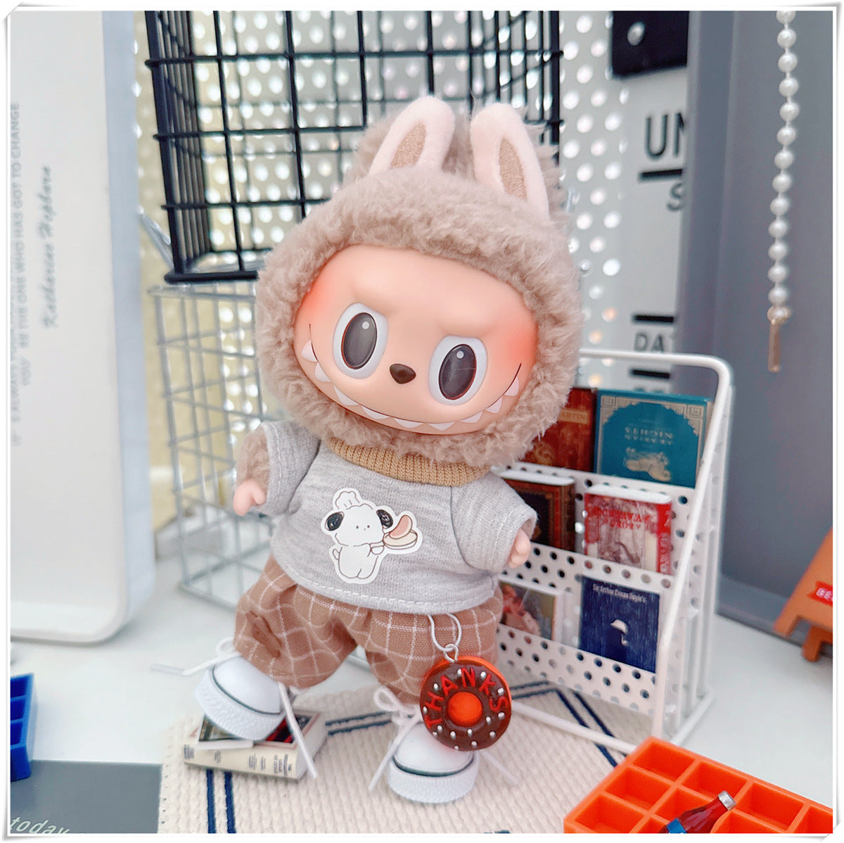 Labubu Doll Outfit - Plaid Suit, Hat & Accessories for 10cm & 17cm Dolls