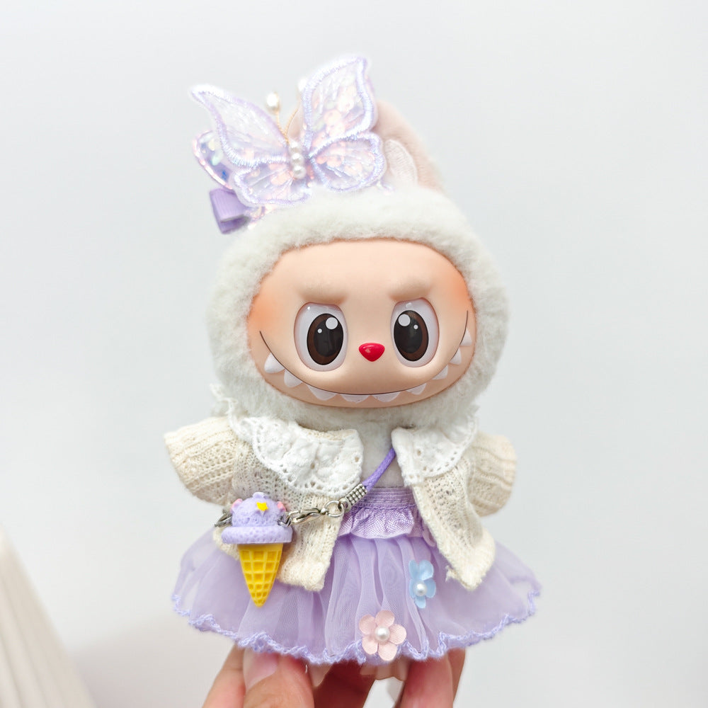 Labubu Doll Outfit - Purple Fairy Skirt & Beige Cardigan for 15-17cm Vinyl Dolls