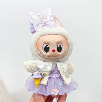 Labubu Doll Outfit - Purple Fairy Skirt & Beige Cardigan for 15-17cm Vinyl Dolls
