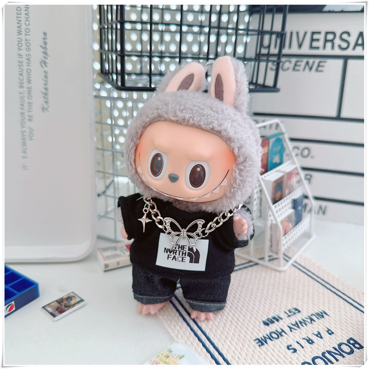 Labubu Doll Sportswear Outfit - T-Shirt, Denim Shorts & Accessories