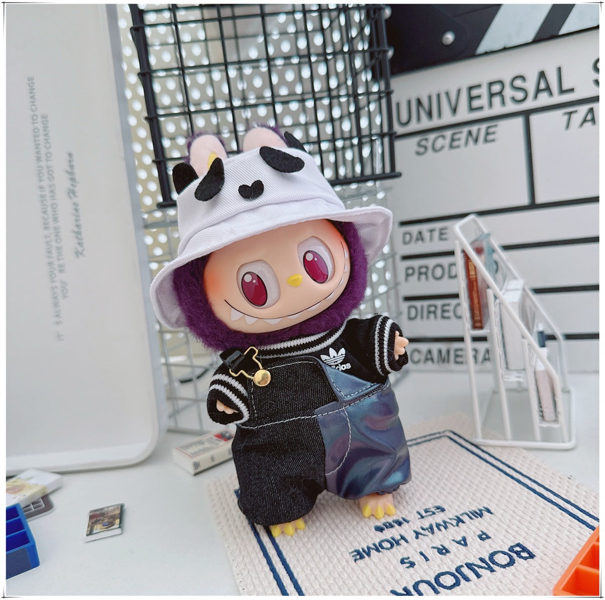 Labubu Doll Outfit - One Shoulder Cool Overalls & T-Shirt Set