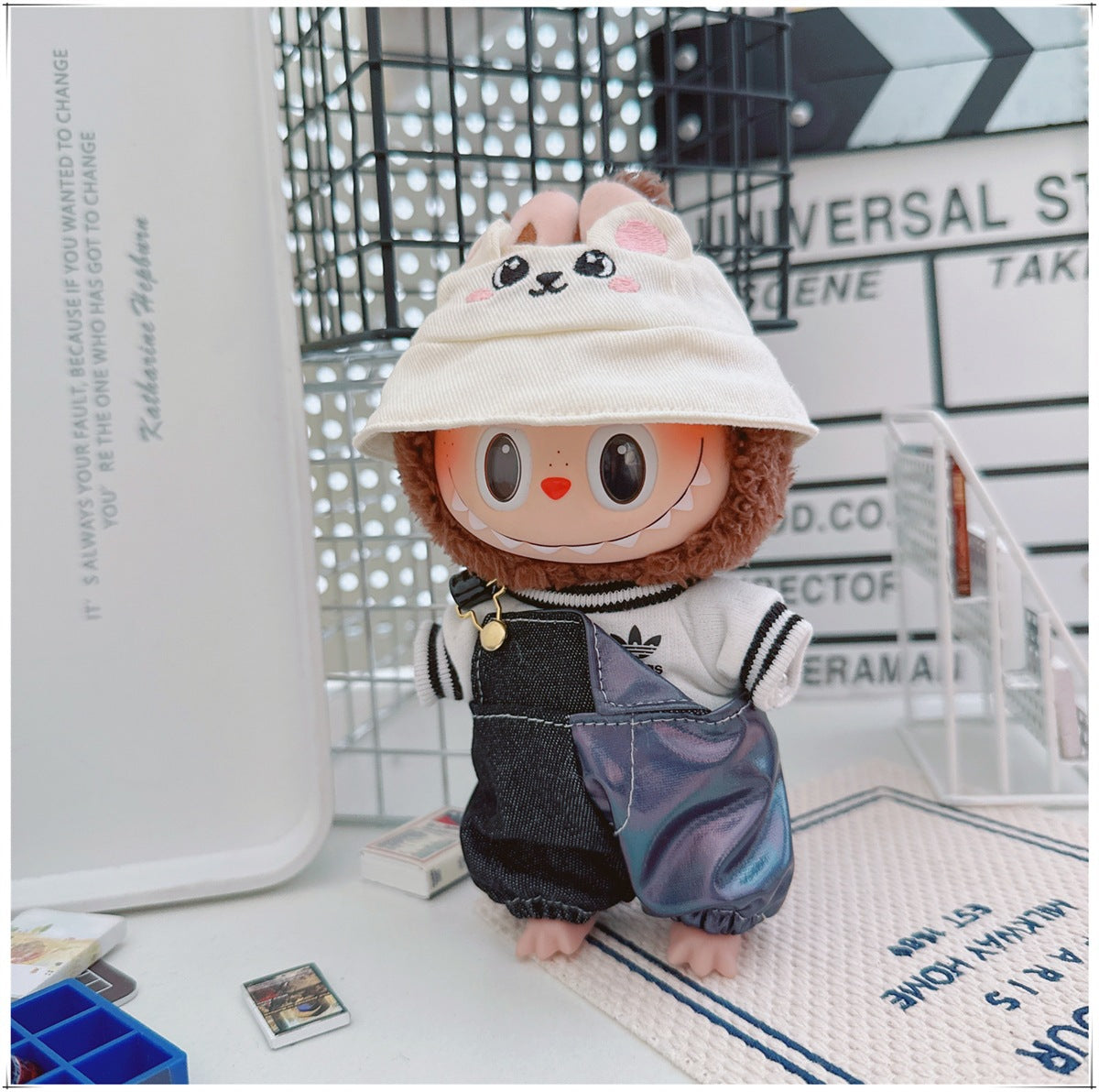 Labubu Doll Outfit - One Shoulder Cool Overalls & T-Shirt Set