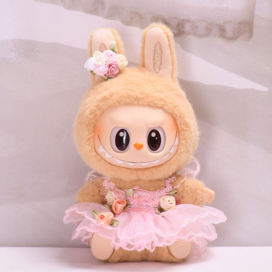 Labubu Flower Fairy Wedding Dress Outfit for Sitting Doll - White & Pink