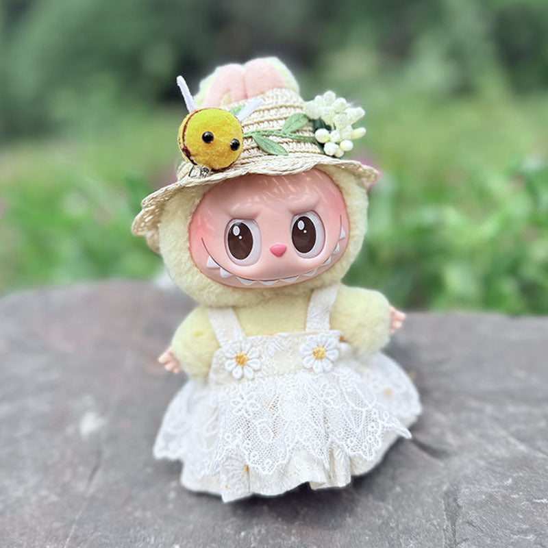 Clothes Only] 17cm Pendant Labubu Clothes Cat t Camellia Straw Hat Suit Labubu Doll Clothes