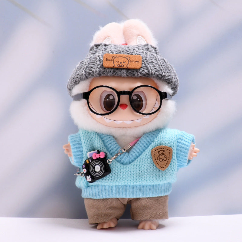 Only baby clothes] one or two generation pendant labubu clothes blue knitted waistcoat glasses hat suit cloth baby clothes