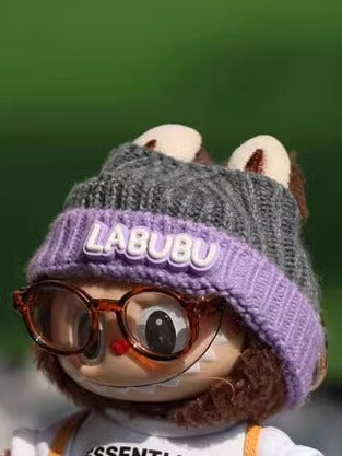 Labubu Doll Outfit Set - Purple Hat, Leopard Glasses, Overalls, White T-Shirt, Yellow Bag, Brown Shoes