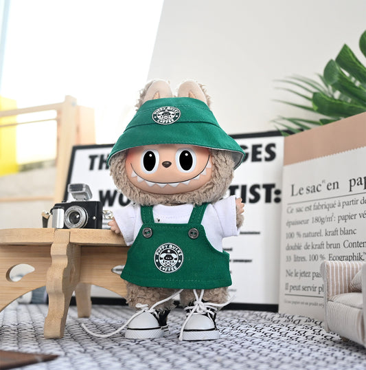 Labubu Doll Outfit Set - Green Overalls & Hat for 17cm Labubu