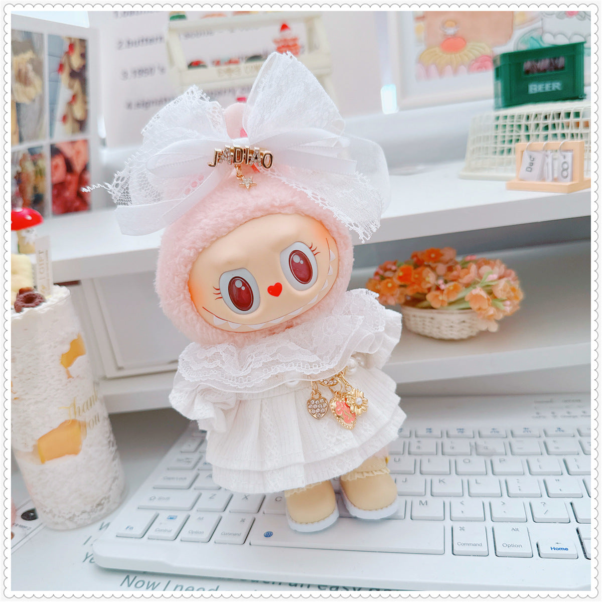 Labubu Doll Sweet White Lace Dress Set with Shoes