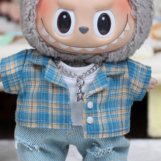 Labubu Doll Outfit - Blue Denim Gingham Set for 17cm Vinyl Doll
