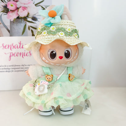Labubu Doll Summer Outfit with Straw Hat & Accessories for 15cm Vinyl Doll