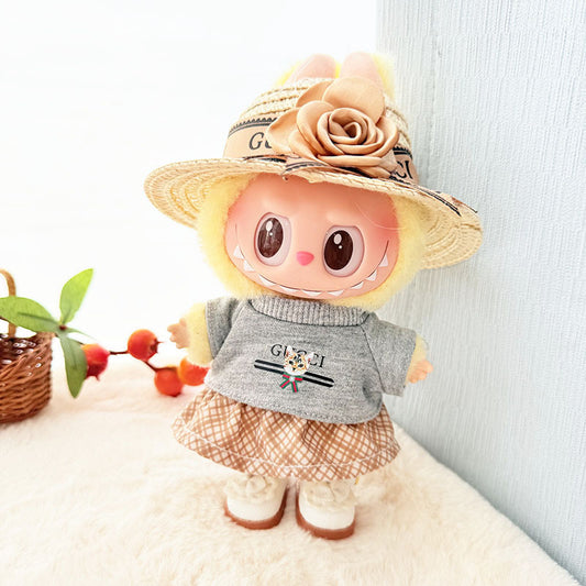 Clothes Only] 17cm Pendant Labubu Clothes Cat t Camellia Straw Hat Suit Labubu Doll Clothes