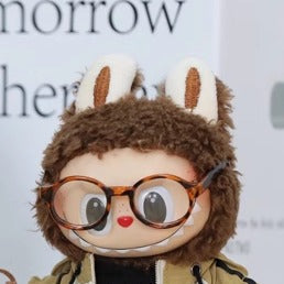 Labubu Doll Outfit Set - Purple Hat, Leopard Glasses, Overalls, White T-Shirt, Yellow Bag, Brown Shoes