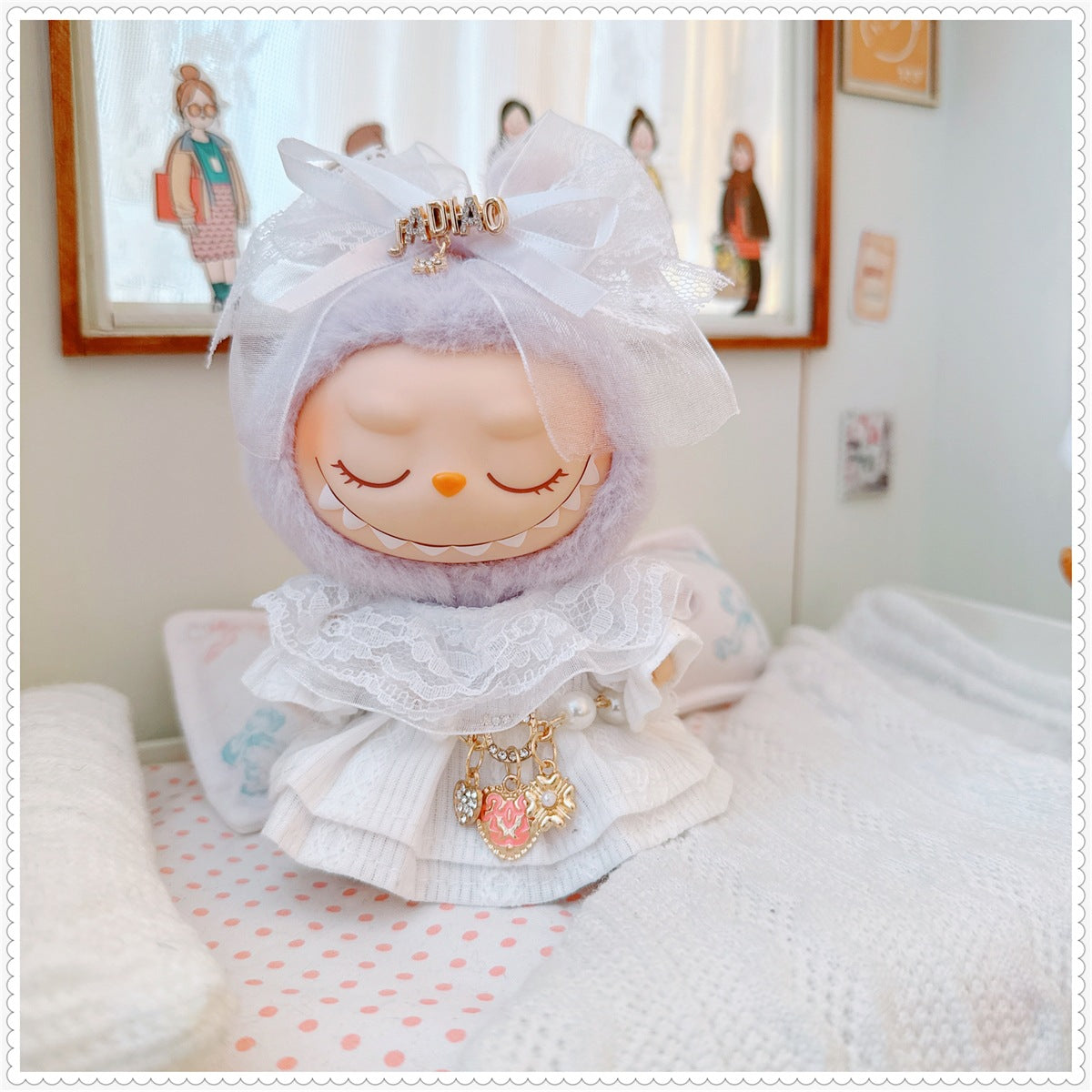 Labubu Doll Sweet White Lace Dress Set with Shoes