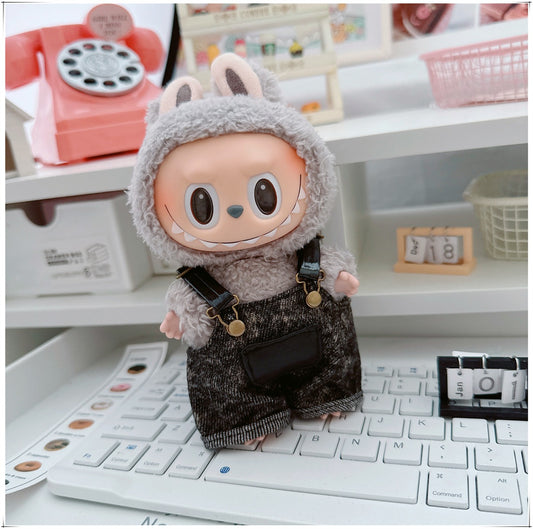 Labubu Doll Outfit - Stylish Denim Overalls & Checkered Bucket Hat for 17cm & 10cm Labubu