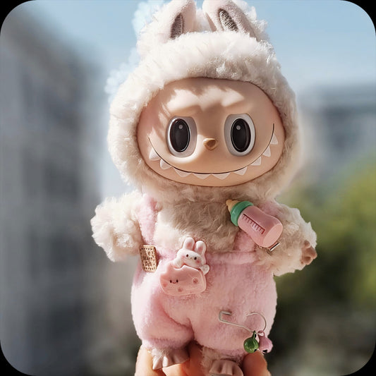 Labubu Doll Overalls Set with Baby Bottle & Hat - Cute Outfit for 1st & 2nd Gen