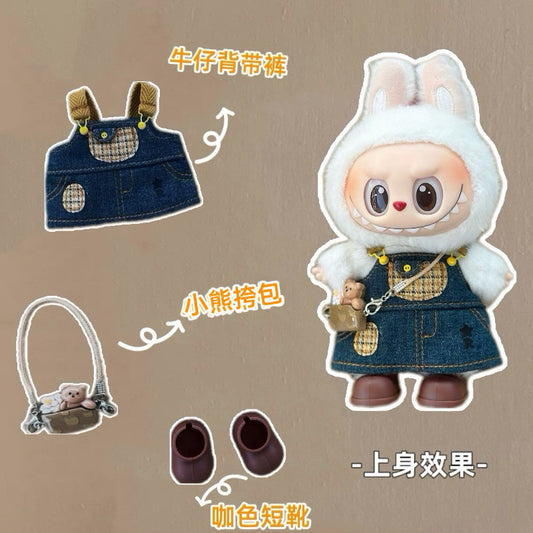 Labubu Doll Denim Overalls Set with Hat, Bag & Boots