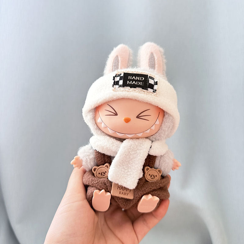 Clothes Only] 17cm Pendant Labubu Clothes Cat t Camellia Straw Hat Suit Labubu Doll Clothes
