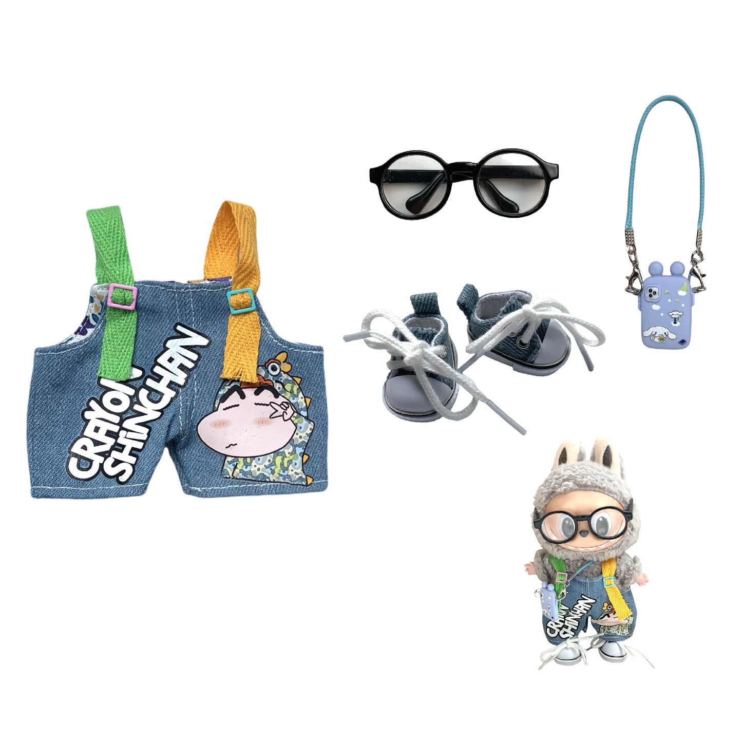 Labubu Doll Crayon Shin-chan Overalls Outfit with Accessories for 17cm Doll