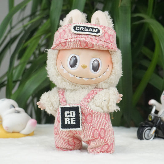 Labubu Doll Outfit - 17cm Brown & Pink Overalls with Hat