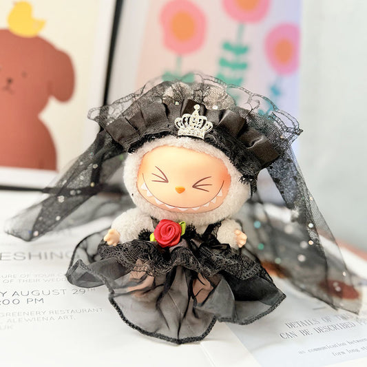 17cm Labubu Doll Wedding Dress Outfit - Black & White Rose Style