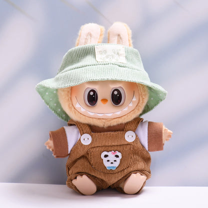 Labubu Doll Outfit - Pink, Yellow, Blue, Purple, Brown Overalls with T-Shirt & Hat