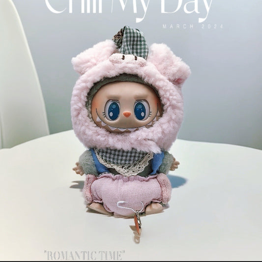 Labubu Doll Clothes - Cute Macaron Pullover & Suspenders Outfit