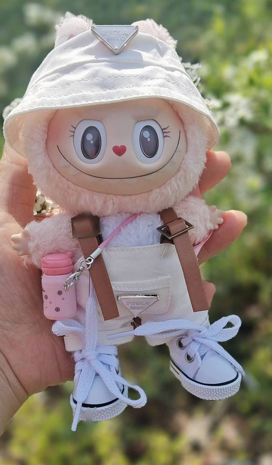 Labubu Doll Fisherman Hat & Outfit Set for 17cm Vinyl Doll - Pink, White, Purple, Blue, Black
