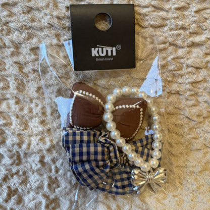 Labubu Doll Pearl Necklace Plaid Skirt with Bow - Cute Outfit