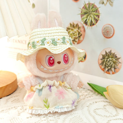 Labubu Doll Floral Dress & Straw Hat Outfit for 1st & 2nd Gen Pendants