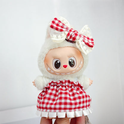 Labubu Doll Outfit - Red Plaid Skirt & Straw Hat for 17cm Vinyl Doll