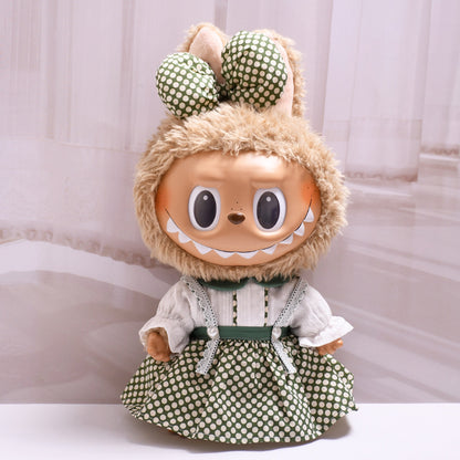 Labubu 38cm Doll Outfit - Purple & Green Polka Dot Shirt Skirt Set