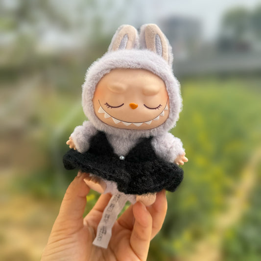 Labubu Doll Clothes Handmade Black Pearl Suspender Skirt First and Second Generation Labubu Sitting Party Series Doll Hat New