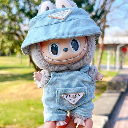 17cm Labubu First and Second Generation Labubu Sitting Party Vinyl Doll Big Brand Overalls Hat Set Replacement