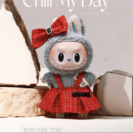 Labubu Doll Korean Style Skirt Suit Outfit - Gray & Rose