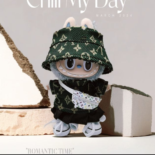 Labubu Doll Outfit - Green & Black Casual Dress Set with Hat & Bag