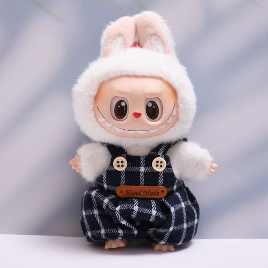 Labubu Doll Black Plaid Overalls & Hoodie Outfit for 1st & 2nd Gen Pendants