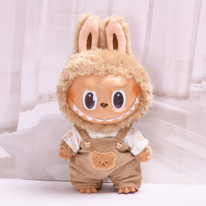 Labubu Doll Outfit - Grey Striped T-Shirt & Brown Bear Suspenders for 38cm Doll