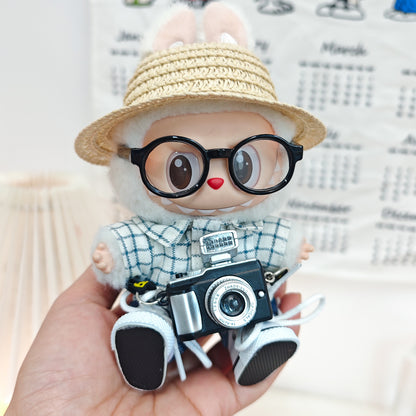 17cm Labubu Doll LABUBU Sit Party Second and Third Generation Vinyl Doll Clothes Plaid Shirt suit Hat