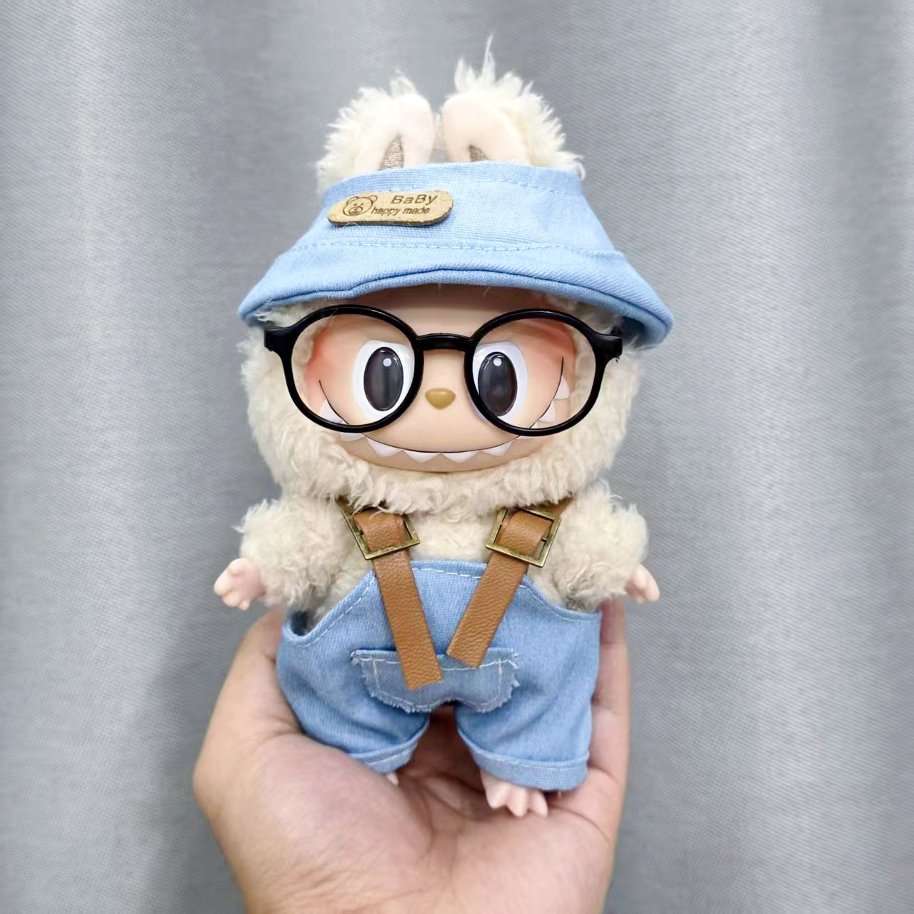 First, Second, and Third Generation Labubu Sitting Party Doll Clothes Cola Labubu Vinyl Clothes Fisherman Hat Overalls Set