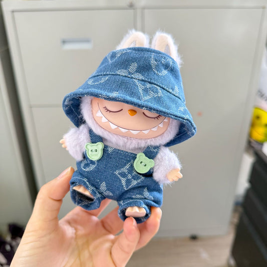 The first and second generation of labubu sit party doll clothes Denim four-leaf clover suit LABUBU wear for hat and suspenders