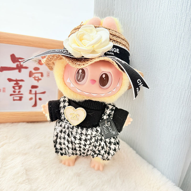 Clothes Only] 17cm Pendant Labubu Clothes Cat t Camellia Straw Hat Suit Labubu Doll Clothes