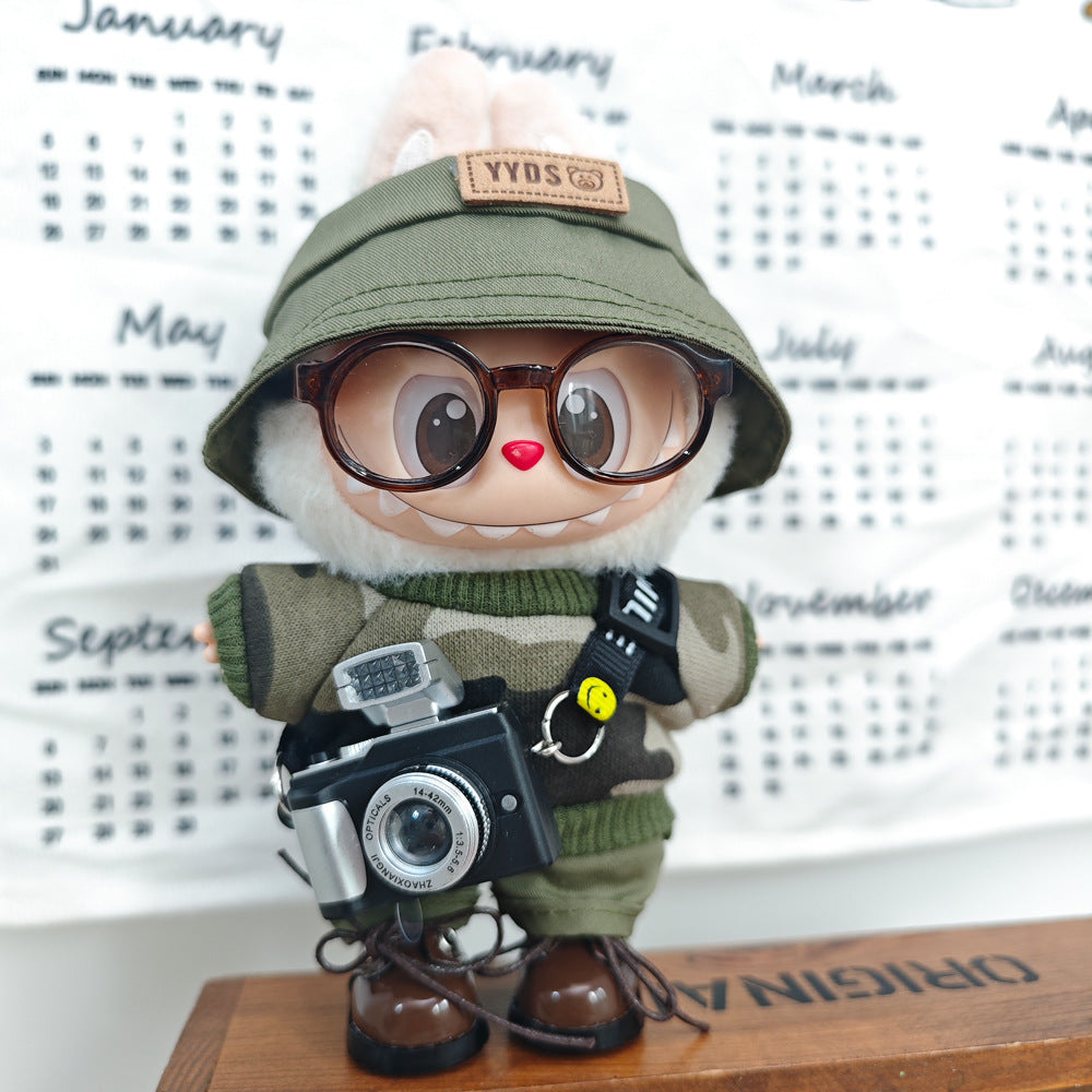 Labubu 17cm Doll Camouflage Outfit with Fisherman Hat & Accessories