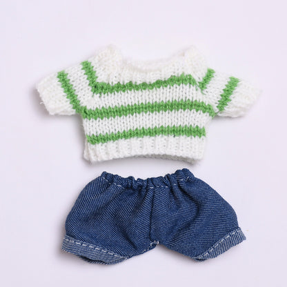 Labubu Doll Light Green Striped Sweater & Plush Hat Outfit