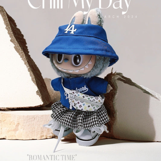 Labubu Doll Outfit Set - Blue Hat, T-Shirt & Plaid Skirt