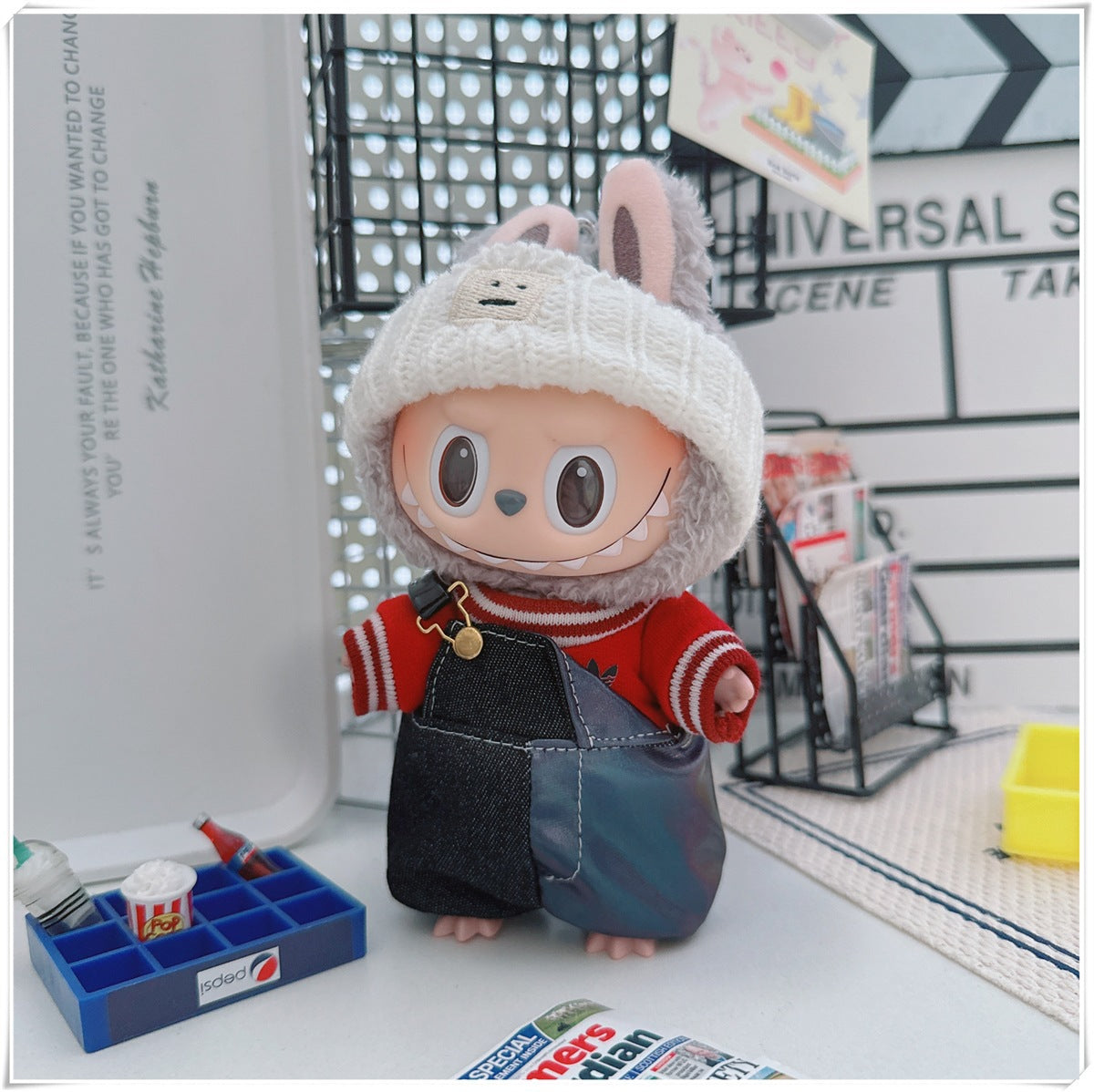 Labubu Doll Outfit - One Shoulder Cool Overalls & T-Shirt Set