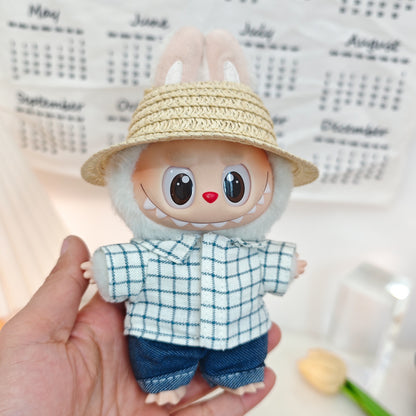 17cm Labubu Doll LABUBU Sit Party Second and Third Generation Vinyl Doll Clothes Plaid Shirt suit Hat