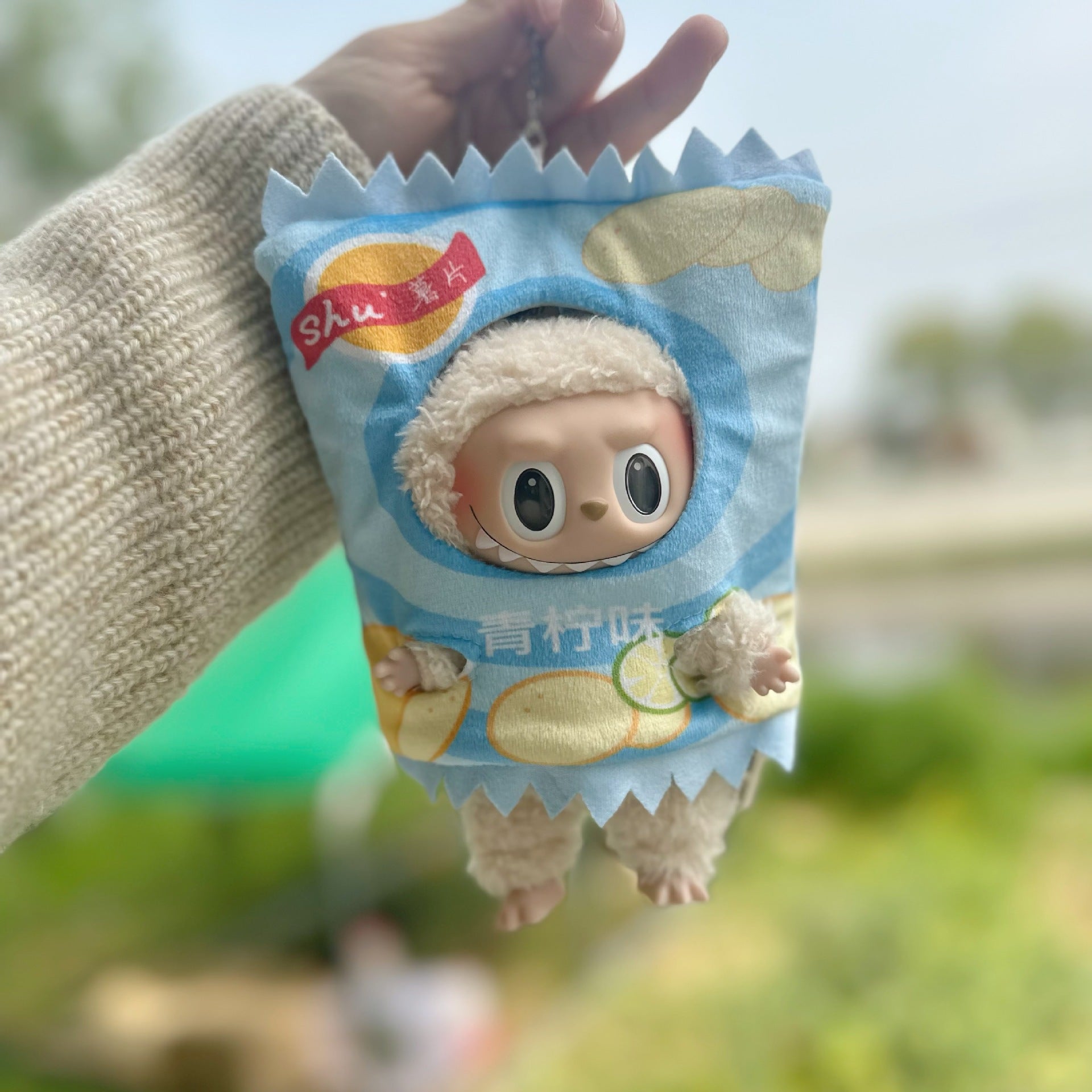 Only clothes] 17CM Rab cloth headgear key chain LABUBU outside with French fries potato chips bread baby hat